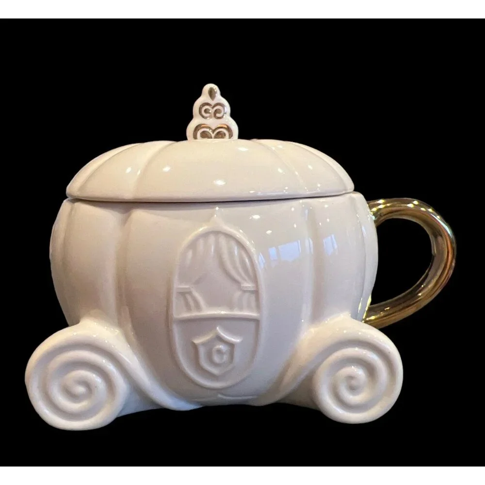 Hallmark Disney Princess Cinderella's Pumpkin Carriage White & Gold‎ Mug W Lid